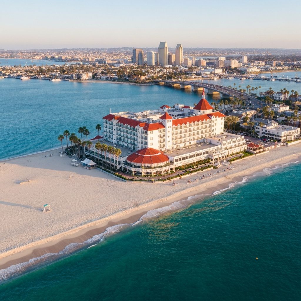 Coronado Island California coastal beach view with Pacific Ocean waves and palm trees