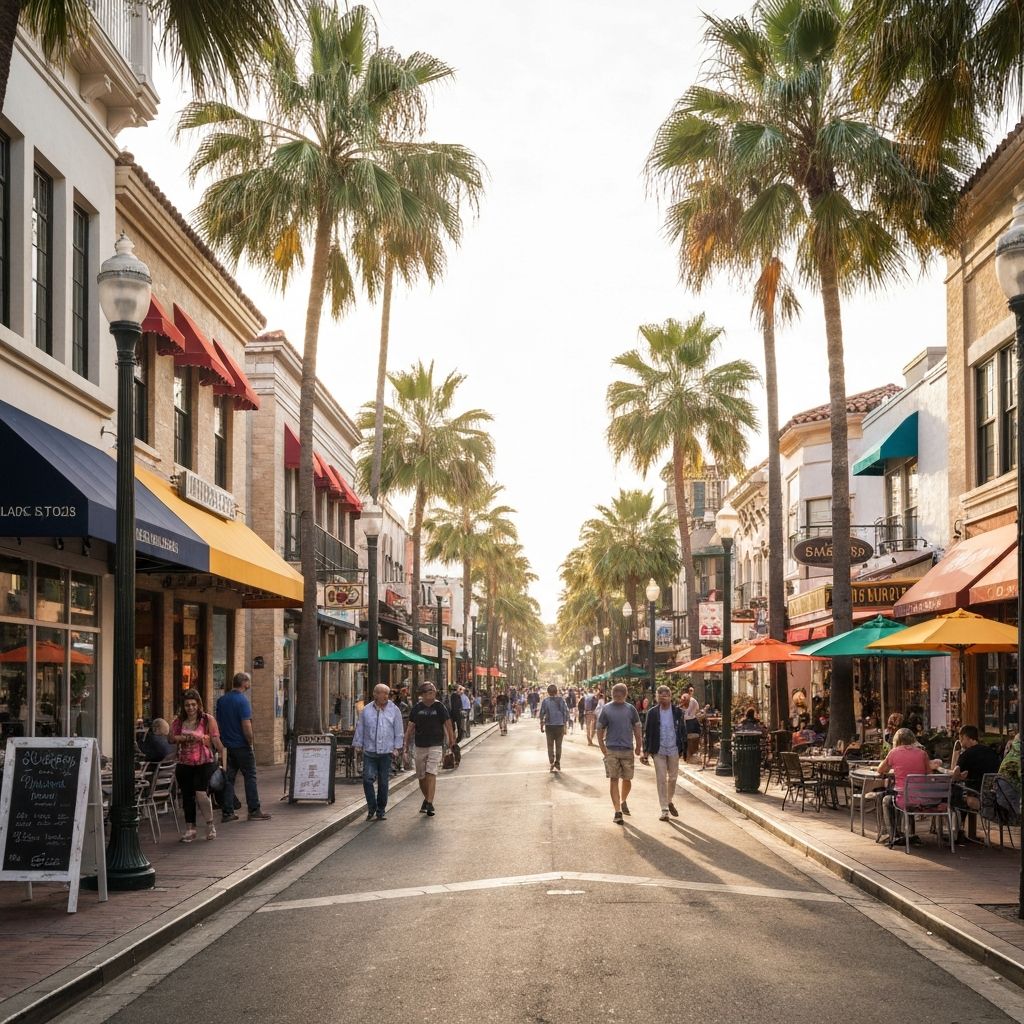 Orange Avenue Coronado California main street with restaurants and palm trees