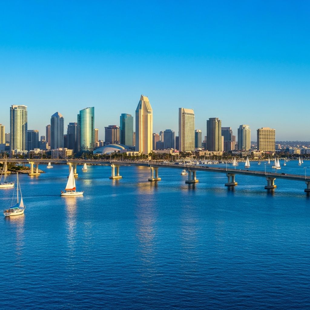 San Diego downtown skyline viewed from Coronado Island across San Diego Bay